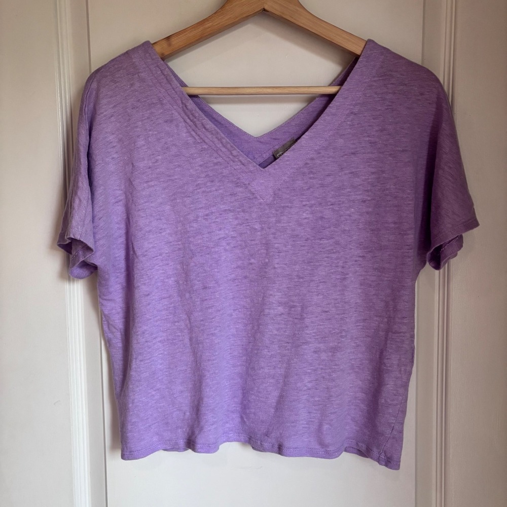 Chicos Purple 100% Linen V-Neck Cropped Short Sleeve T-Shirt Top Size 0 Small